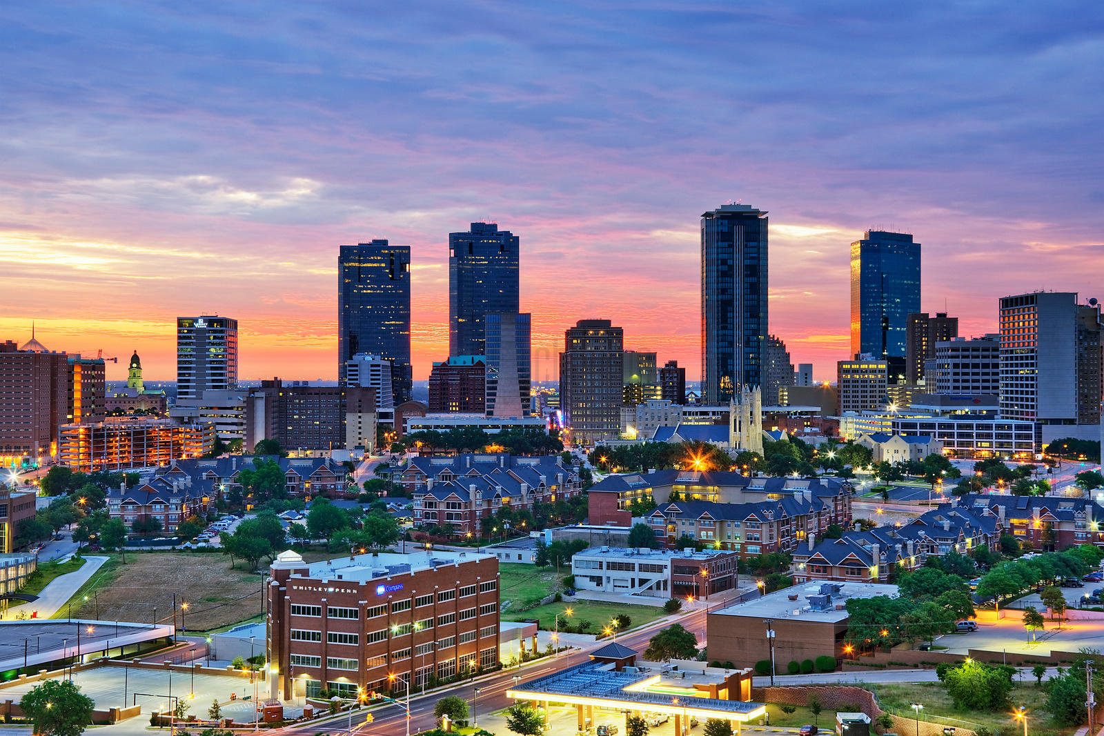 Fort Worth neighborhood and skyline view, Fort Worth, Texas