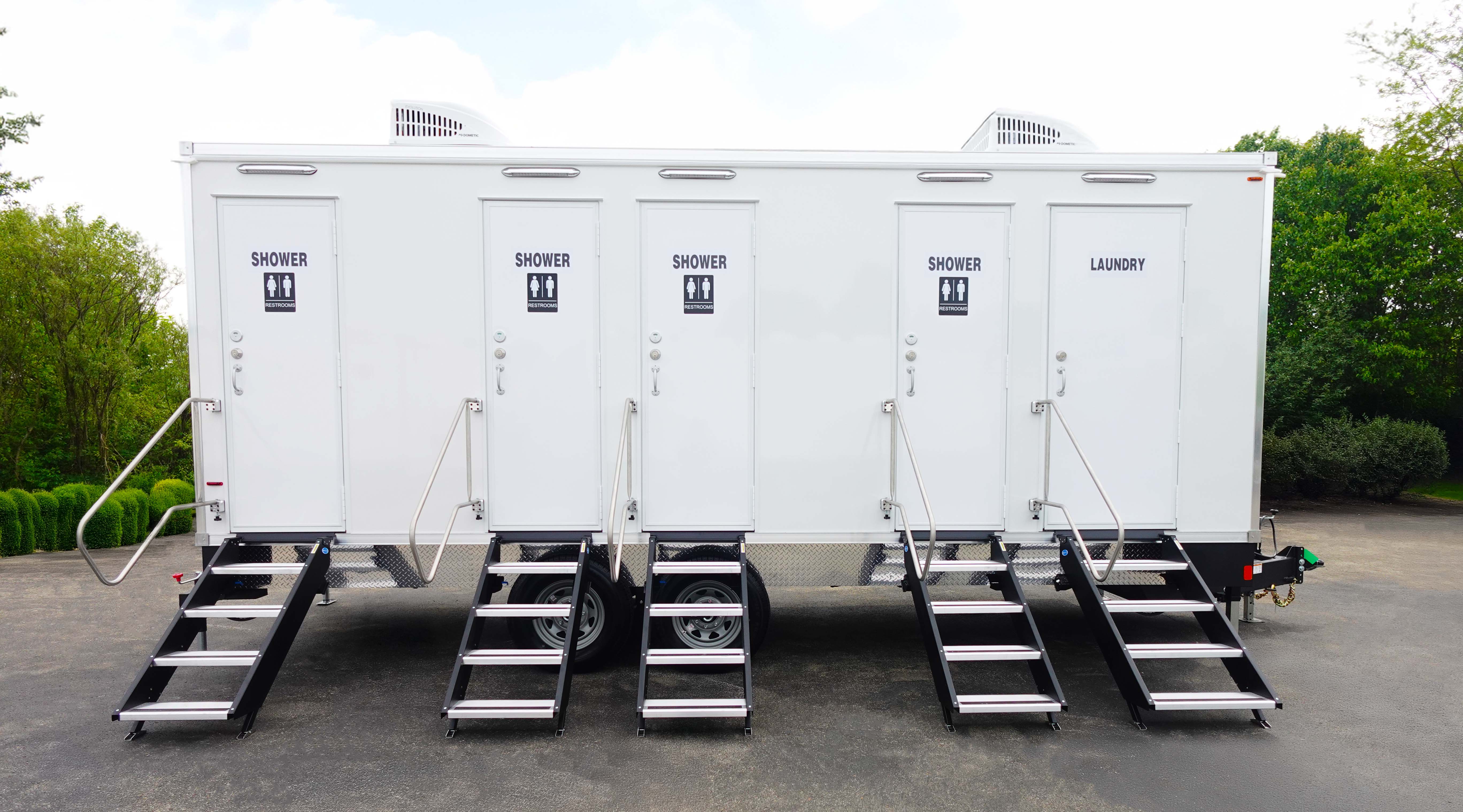 4 station shower restroom combo plus laundry trailer rental Texas. Versatile multi-day deployment trailer with washer dryer