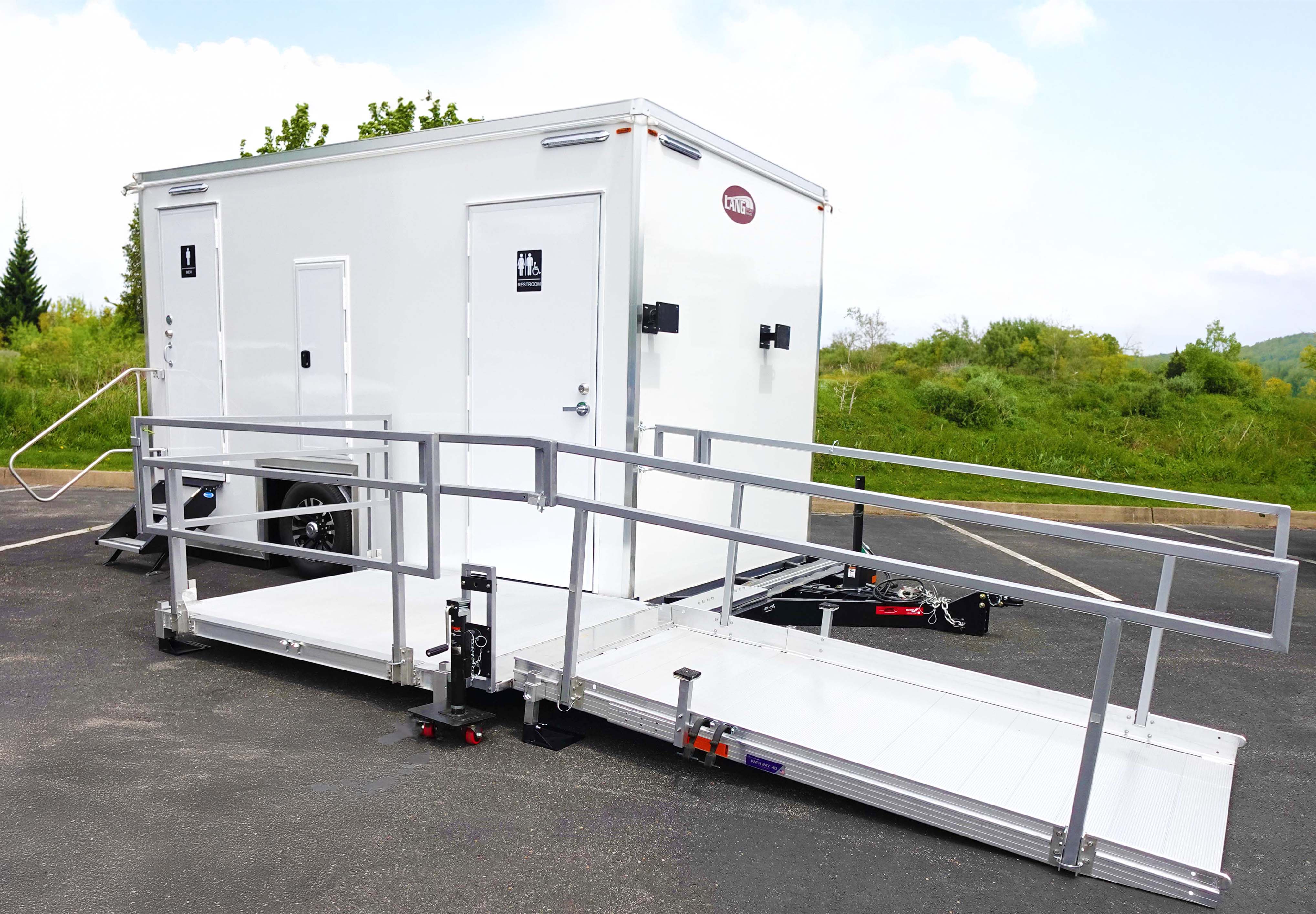 ADA plus 2 restroom trailer rental Texas. Wheelchair accessible bathroom trailer meeting California ADA standards