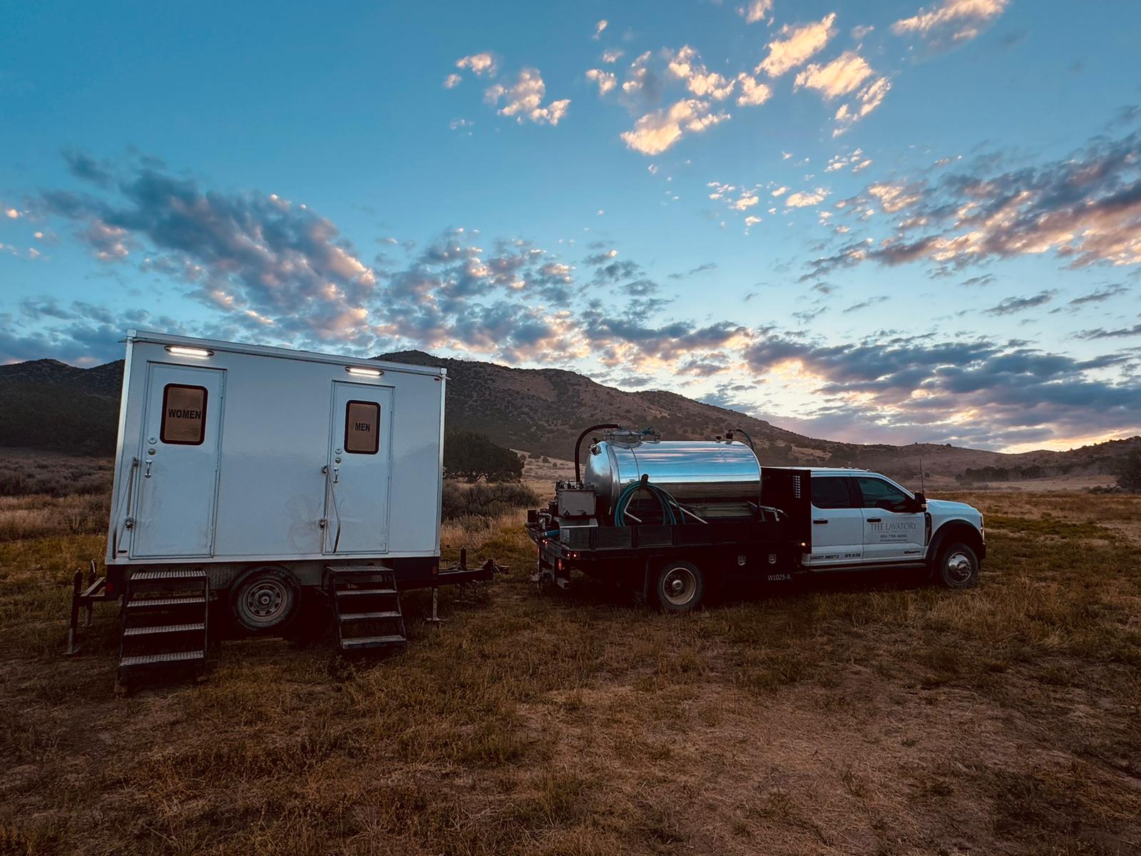 Texas rural ranch luxury restroom trailer rental. Remote location bathroom trailer for ranch events and oilfield operations